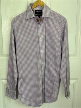 Bonobos Stretch Slim Fit Pink and White Gingham Dress Shirt Size Medium 15.5